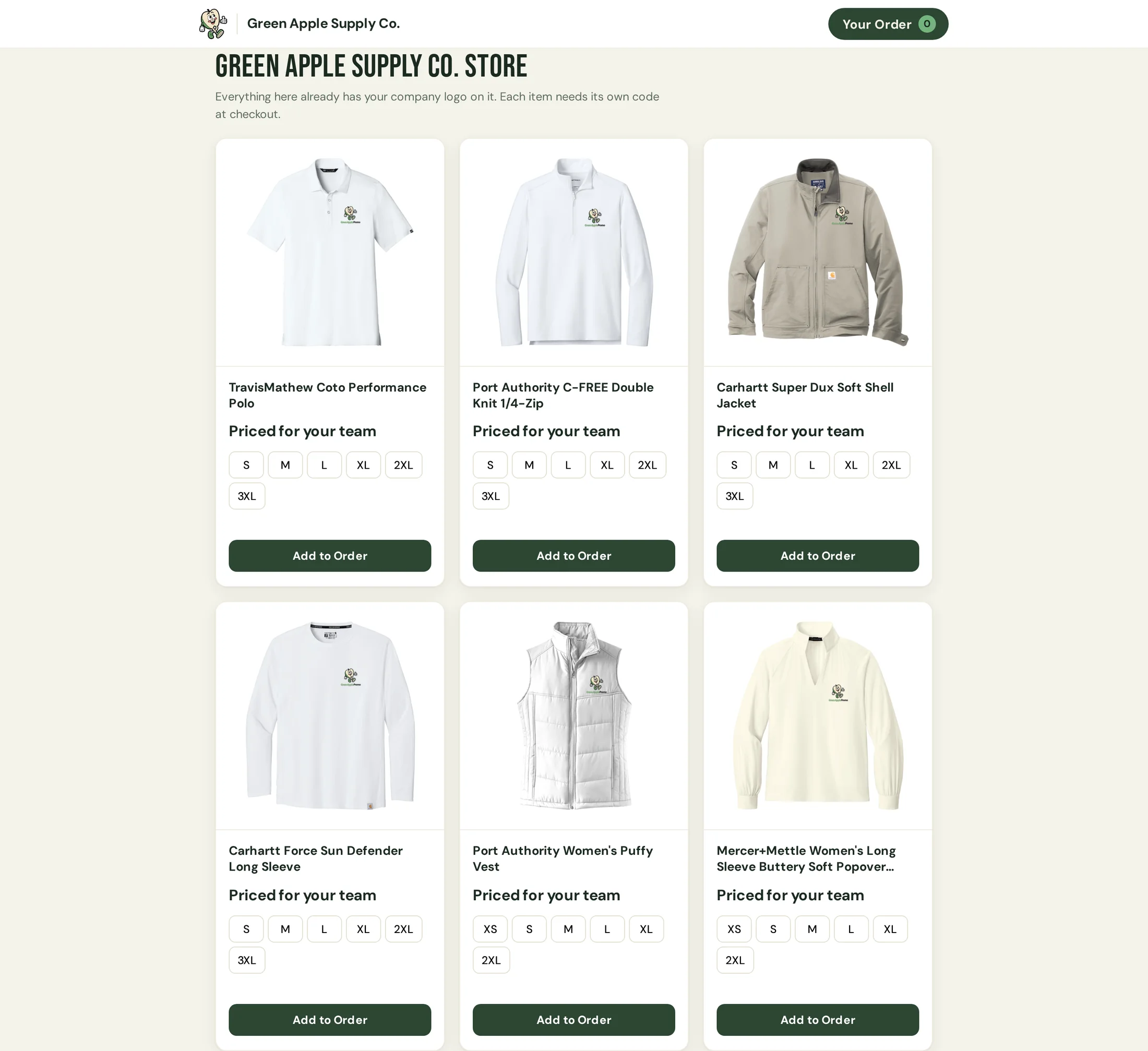 A company store inside the Green Apple portal, showing embroidered polos, quarter-zips, jackets and vests ready to order